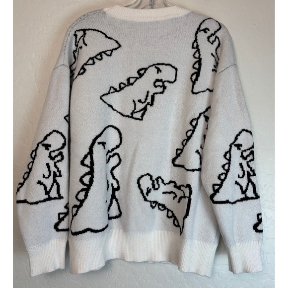 Aelfric Eden Dinosaur Sweater White Black Green Crew Neck Long Sleeve Sz L 2049 - Picture 3 of 5